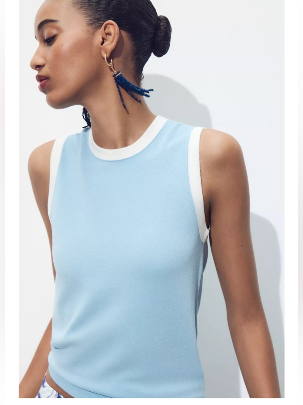 Zara Light Blue Knit Tank with White Ribbed Neckline